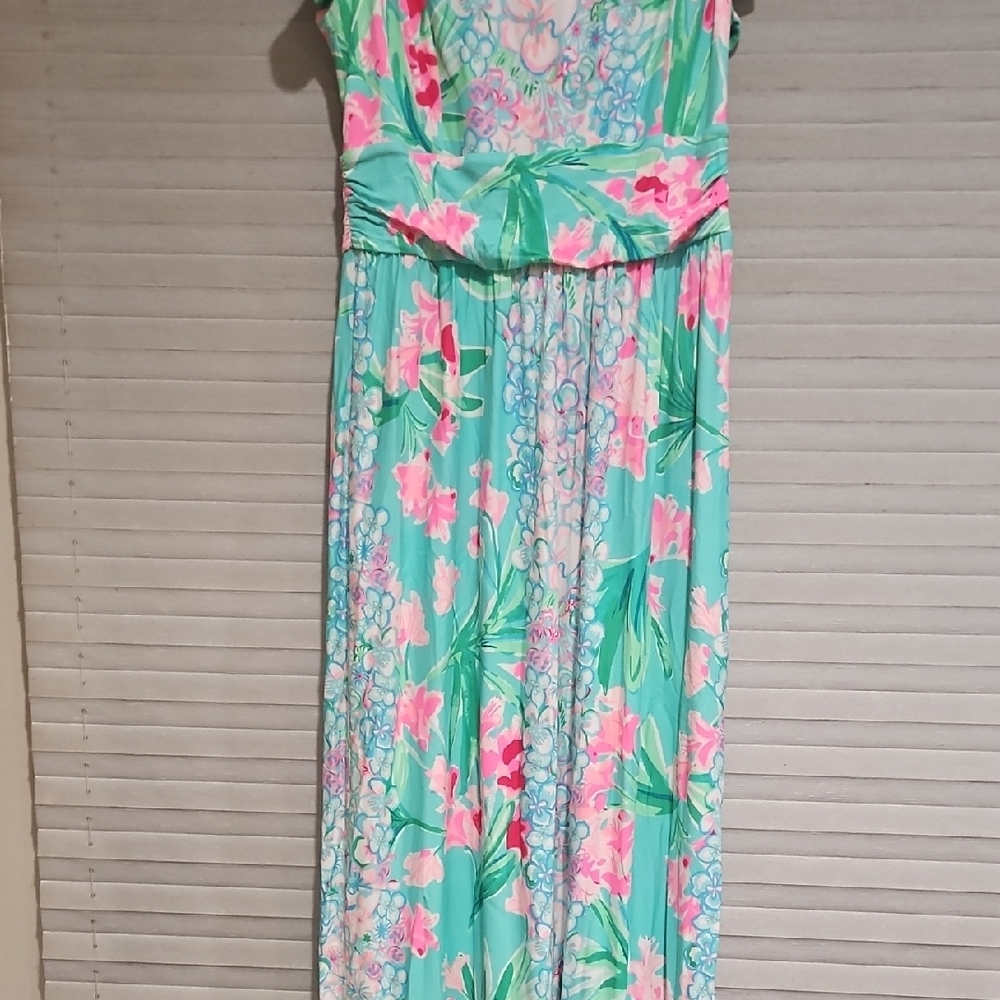 Lilly Pulitzer Cristal Maxi Dress Small S Aqua Floral Flutter Sleeve Square Neck - Picture 4 of 12